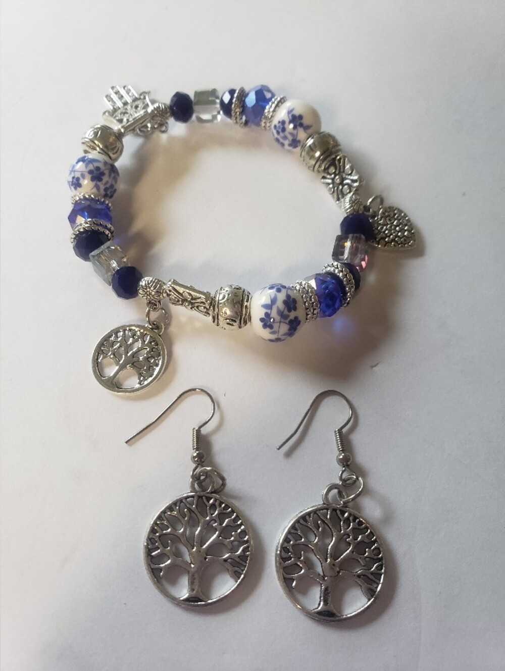 Blue & White Porcelain Stretch Bracelet & Silvertone Tree of Life Earrings Set